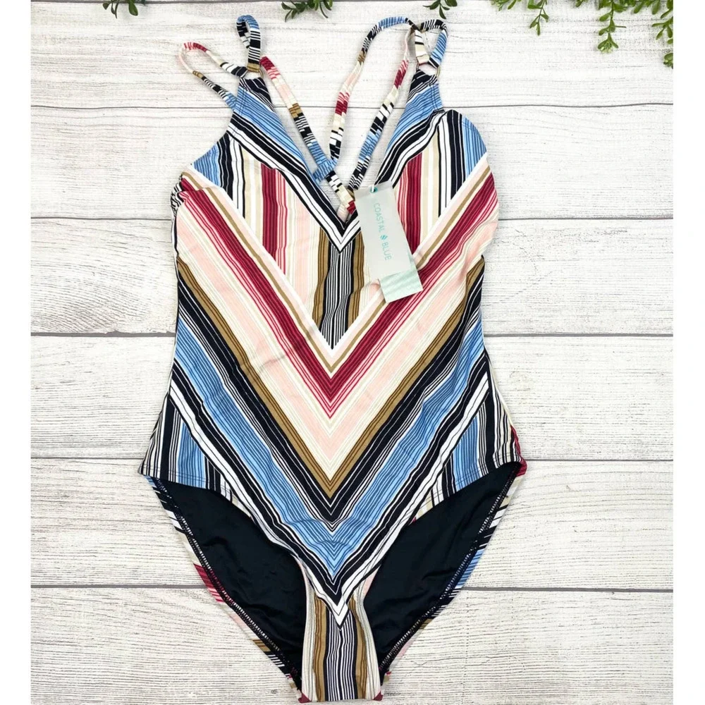NEW COASTAL BLUE Stripe Strappy Back One Piece Swimsuit XS - Picture 2 of 10